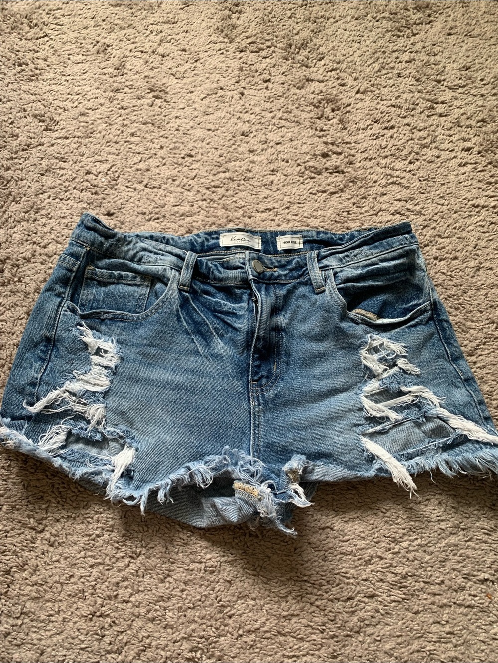 KanCan Distressed Blue Denim Jean Shorts with Frayed Hem